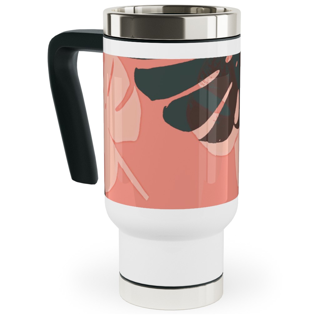 Monstera Leaves - Calypso Travel Mug with Handle, 17oz, Pink, Bright Pink