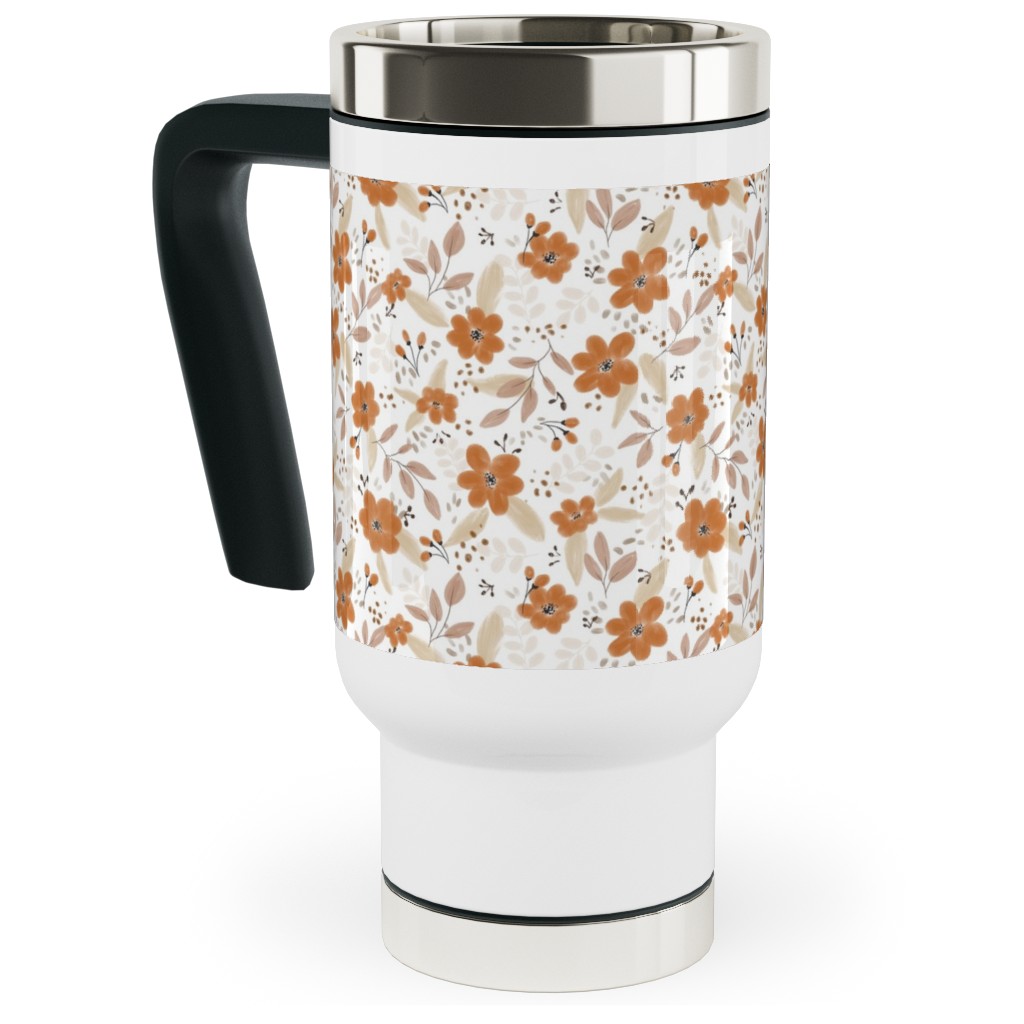 Fall Floral Travel Mug with Handle, 17oz, Orange, Antique White