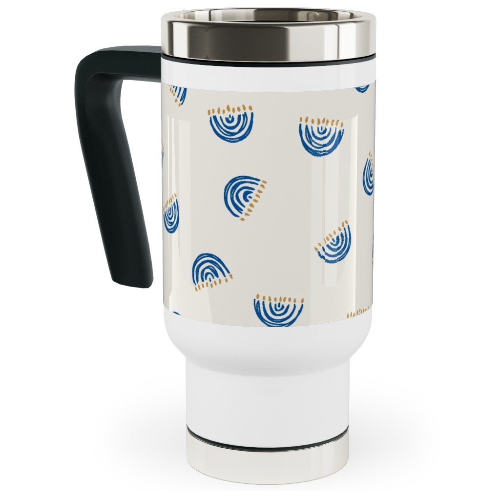 Nine Branch Menorah Tossed in Bright Blue Travel Mug with Handle, 17oz, Beige, Pearl