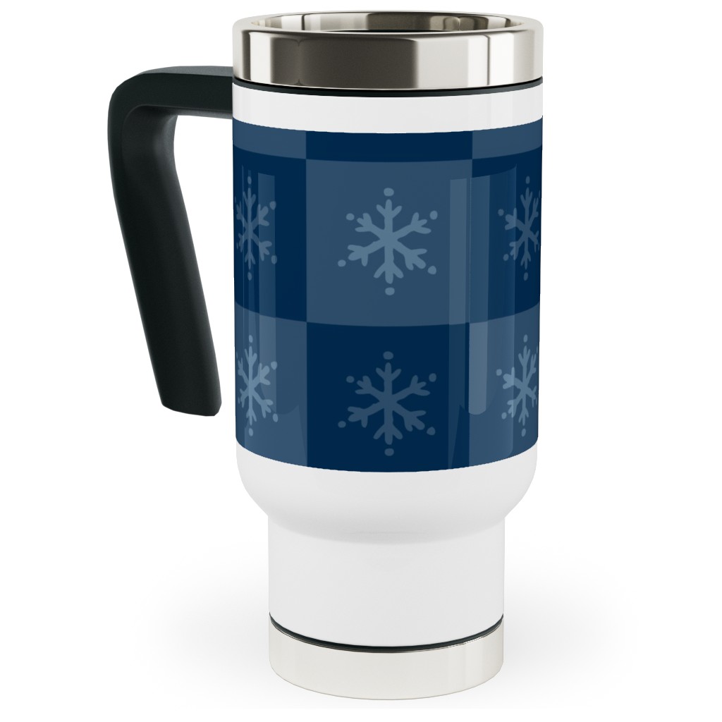 Scandi Cozy Winter Checkered Blue Snowflake Travel Mug with Handle, 17oz, Blue, True Blue