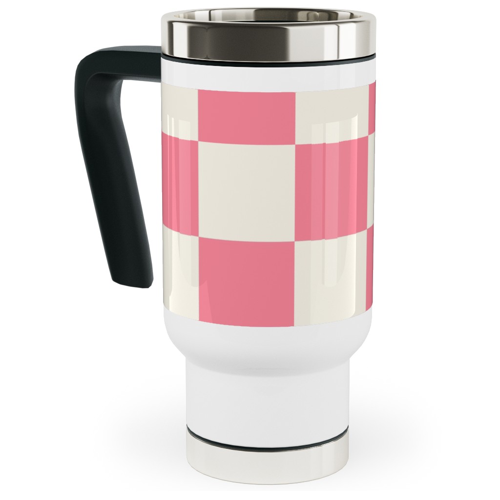Checkered Pattern - Pink Travel Mug with Handle, 17oz, Pink, Bright Pink