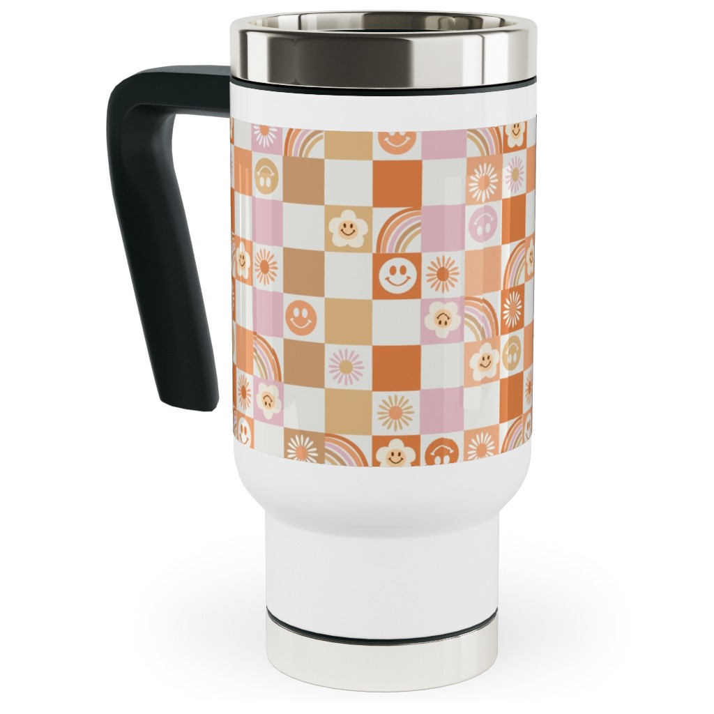 Retro Checkerboard - Daisy, Smile, Happy - Pink Orange Travel Mug with Handle, 17oz, Orange