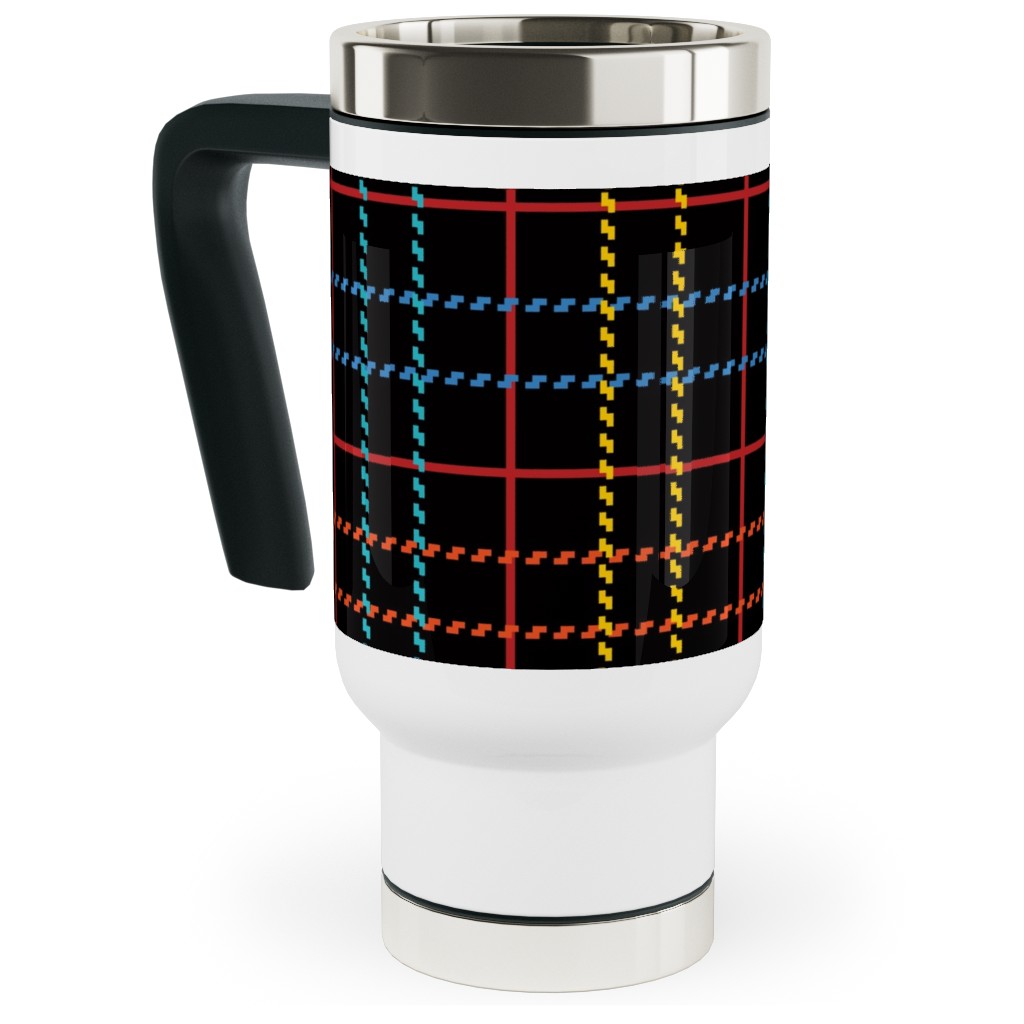 Grid Plaid - Dark Multi Travel Mug with Handle, 17oz, Black