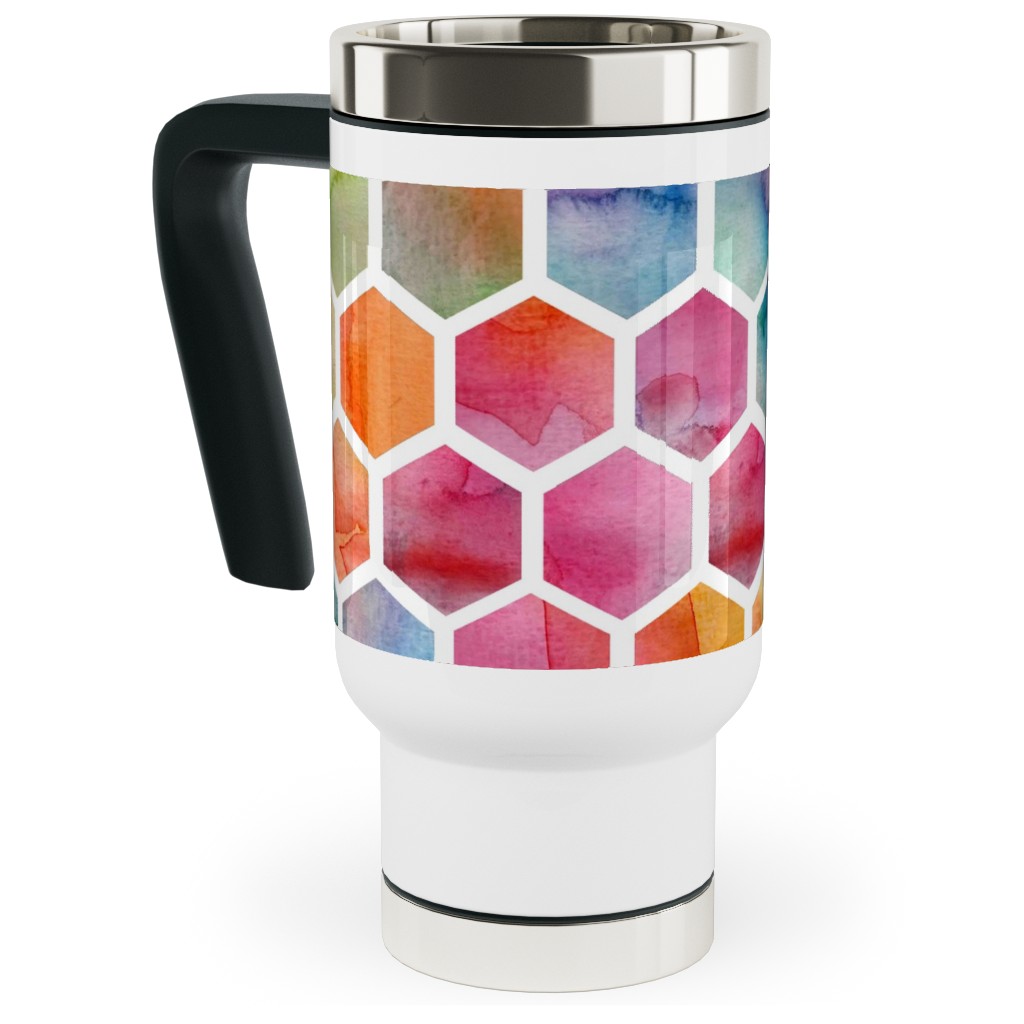 Watercolour Hexagons - Multi Travel Mug with Handle, 17oz, Multicolor