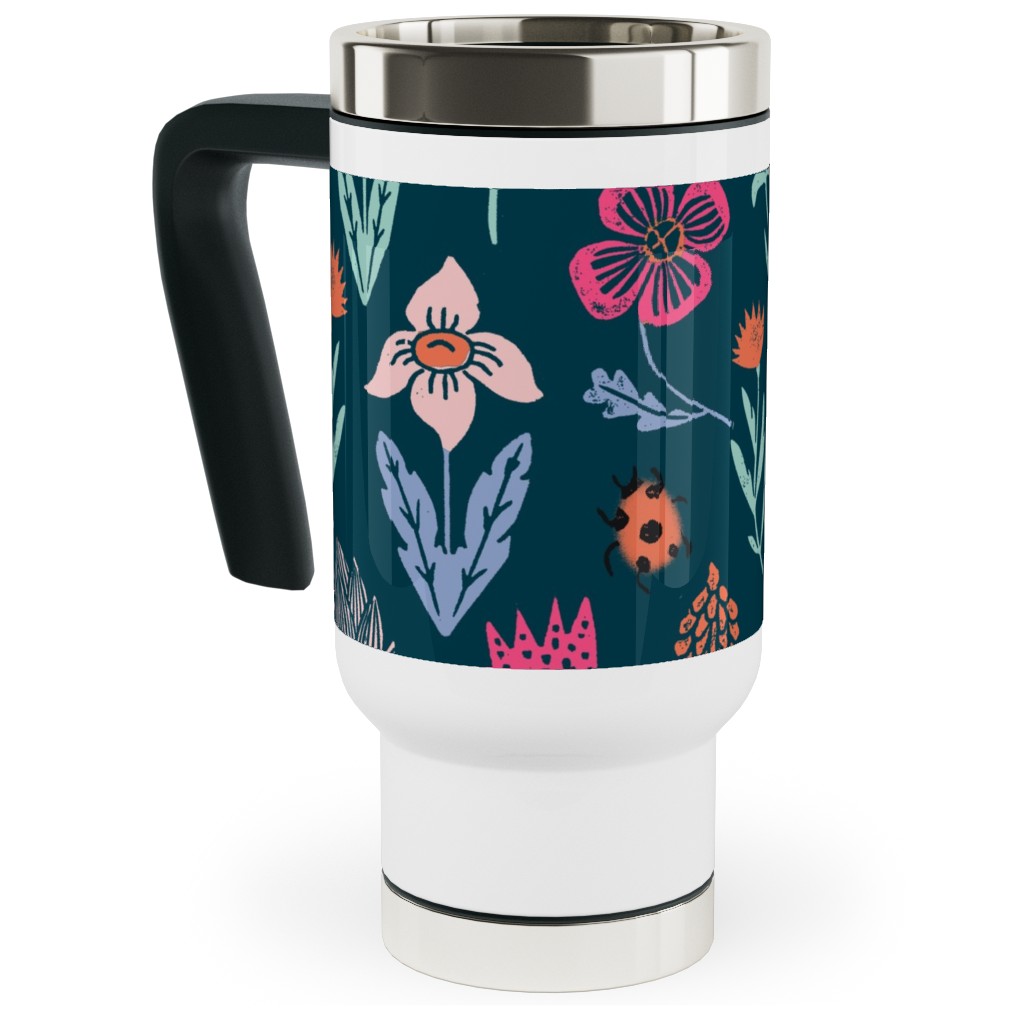 Spring Botanicals Linocut - Multi Travel Mug with Handle, 17oz, Multicolor