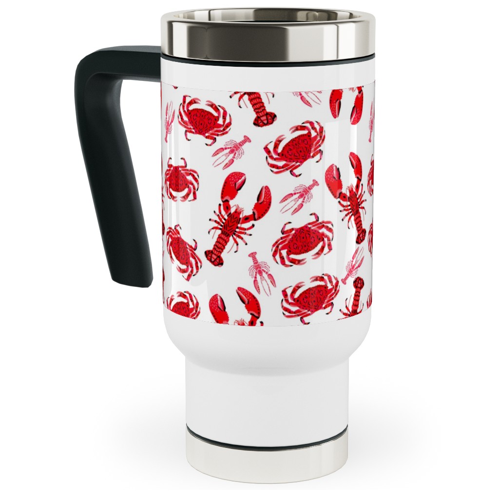 Crabs and Lobsters - Red Crustaceans on White Travel Mug with Handle, 17oz, Red, Red