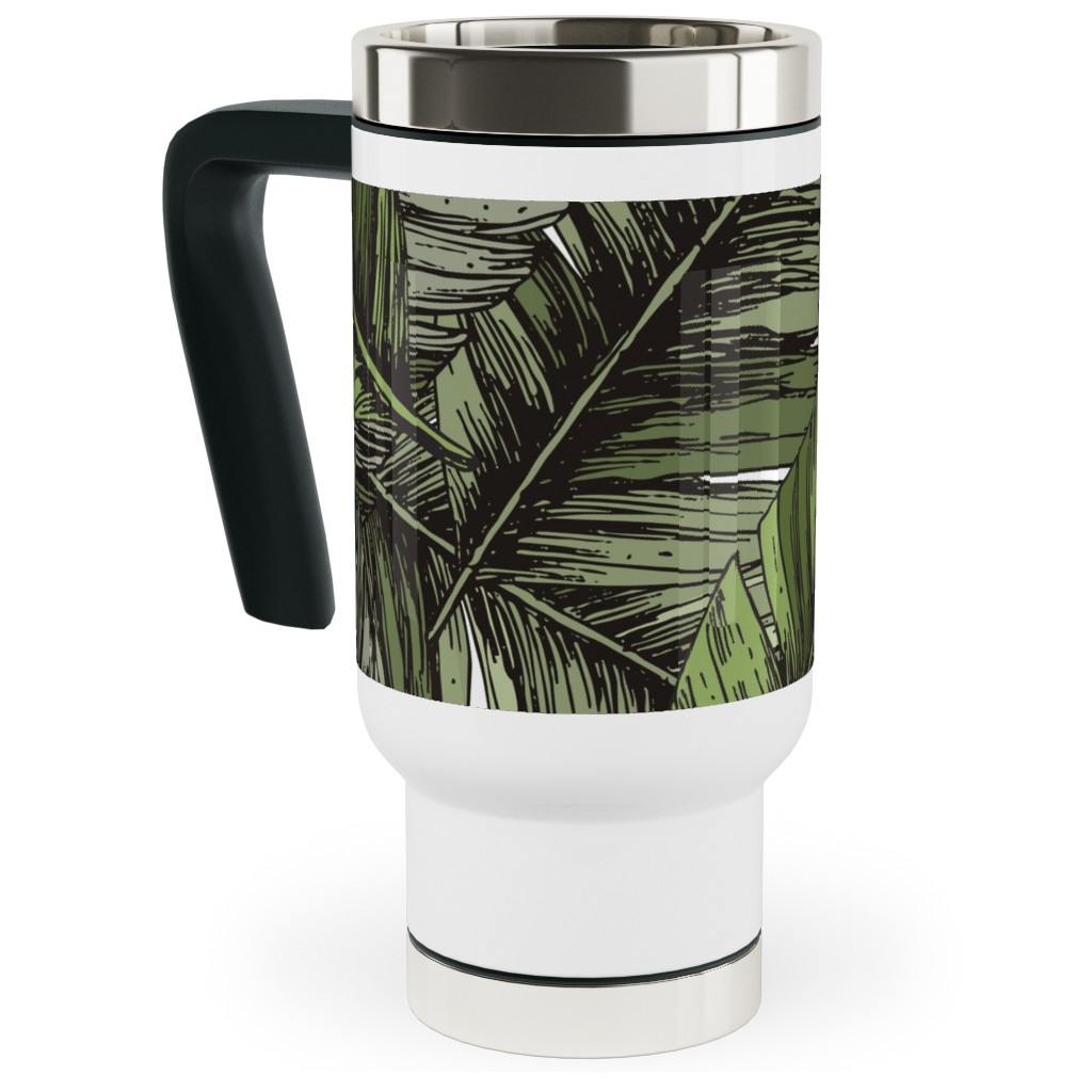 Tropical Palm Leaves - Green Travel Mug with Handle, 17oz, Green