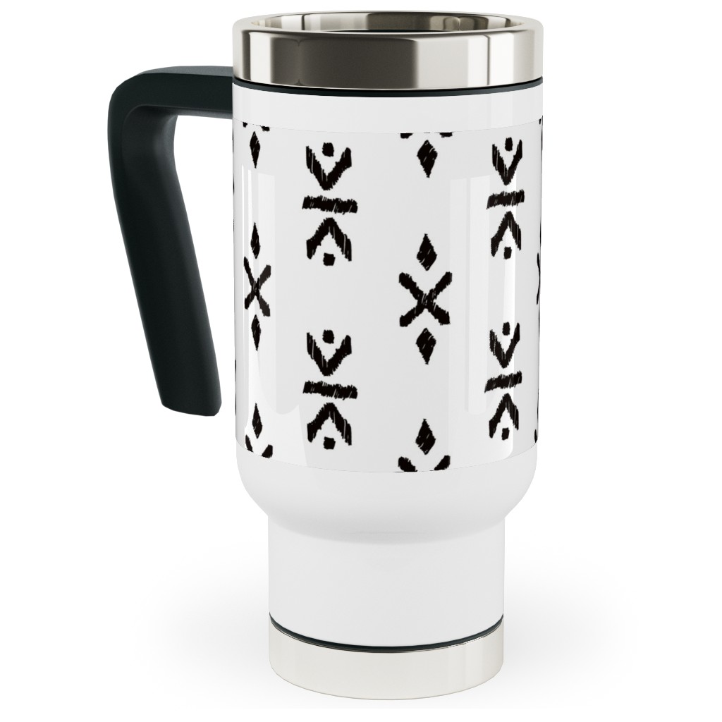 Monochrome Tribal Print - Neutral Travel Mug with Handle, 17oz, White