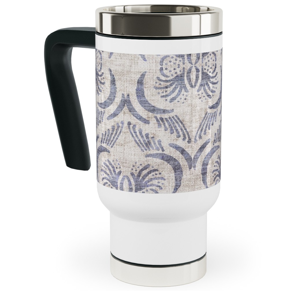 French Linen Geo Floral Travel Mug with Handle, 17oz, Gray, Gray