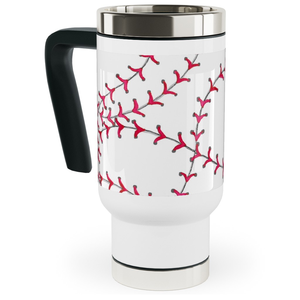 Baseball Seams - White Travel Mug with Handle, 17oz, Red