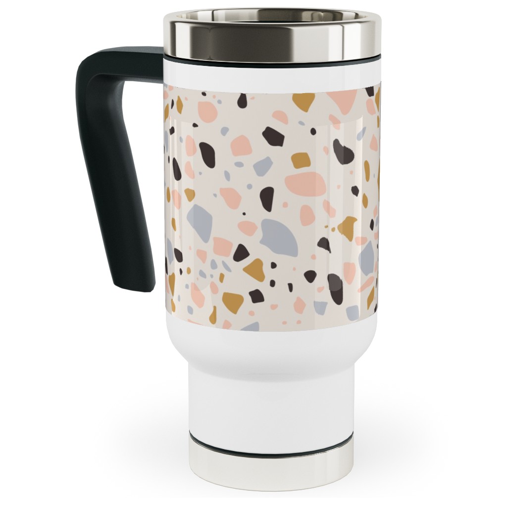 Terrazzo Coral - Gold Travel Mug with Handle, 17oz, Beige, Pearl