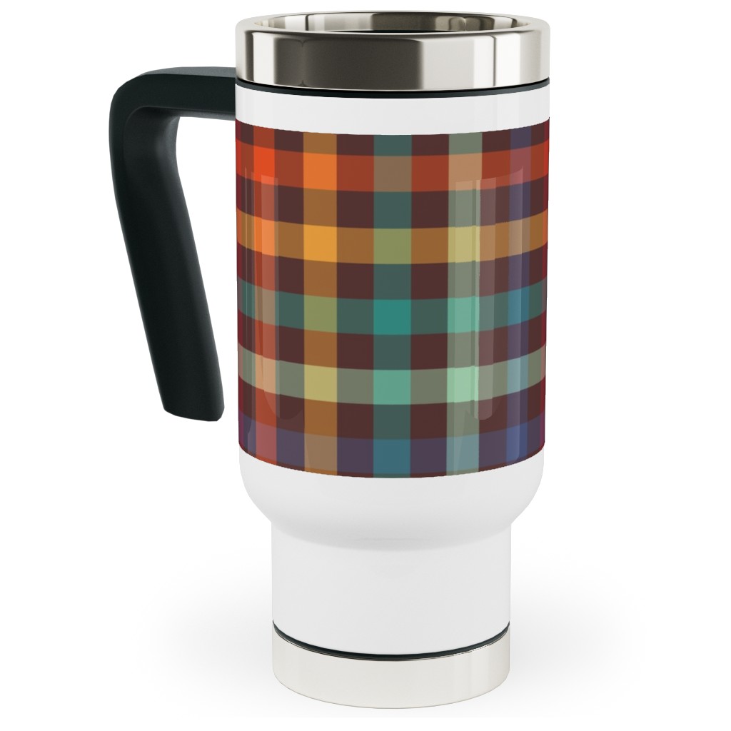 Retro Rainbow Plaid Travel Mug with Handle, 17oz, Multicolor