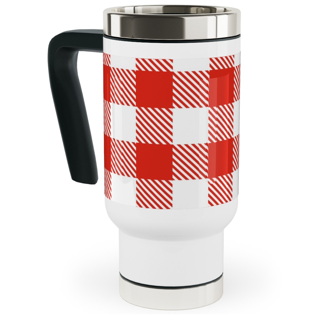 Red Gingham Pattern Travel Mug with Handle, 17oz, Red, Red
