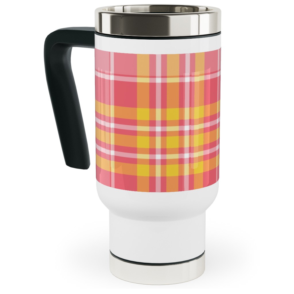 Plaid - Pink and Yellow Travel Mug with Handle, 17oz, Pink