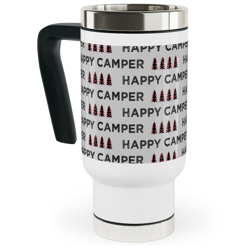 Happy Camper on Fog - Gray Travel Mug with Handle, 17oz, Brown