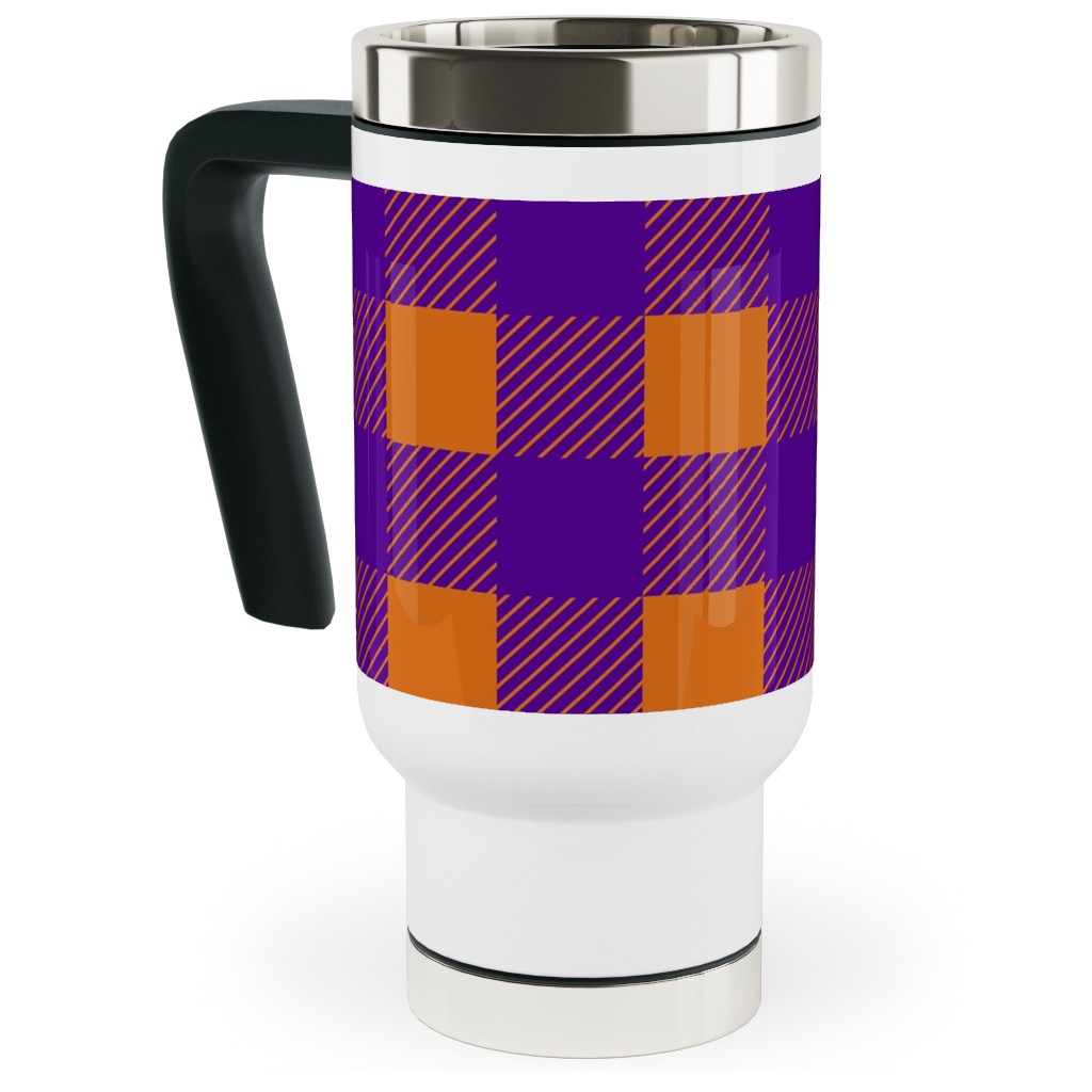Buffalo Checked Plaid Travel Mug with Handle, 17oz, Purple, Grape Jelly