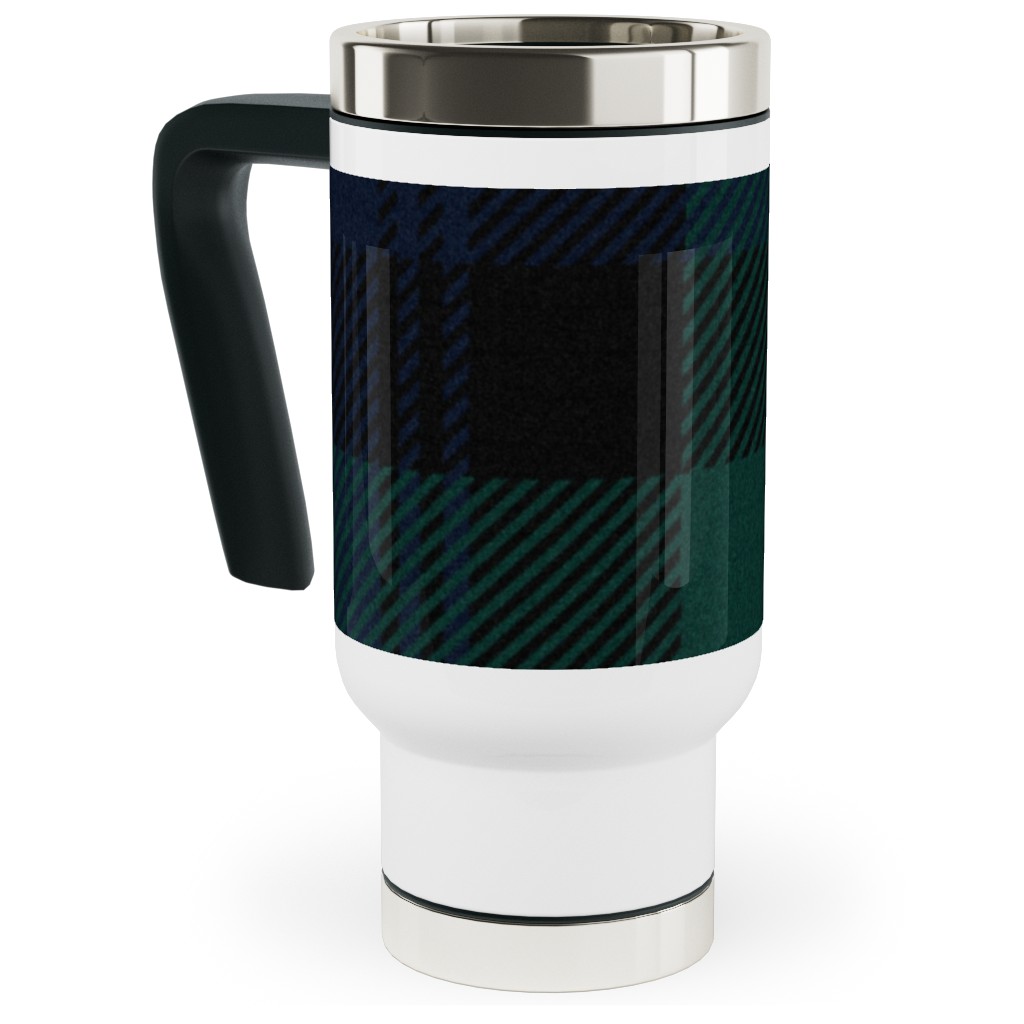 Blackwatch Tartan - Black Travel Mug with Handle, 17oz, Black, Black