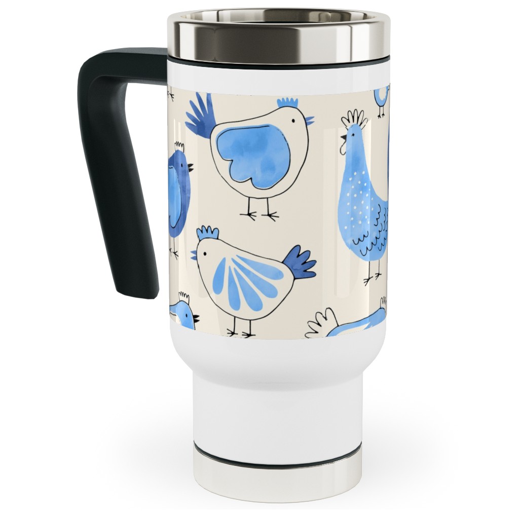Chicken and Rooster - Watercolor - Blue on Creme Travel Mug with Handle, 17oz, Blue