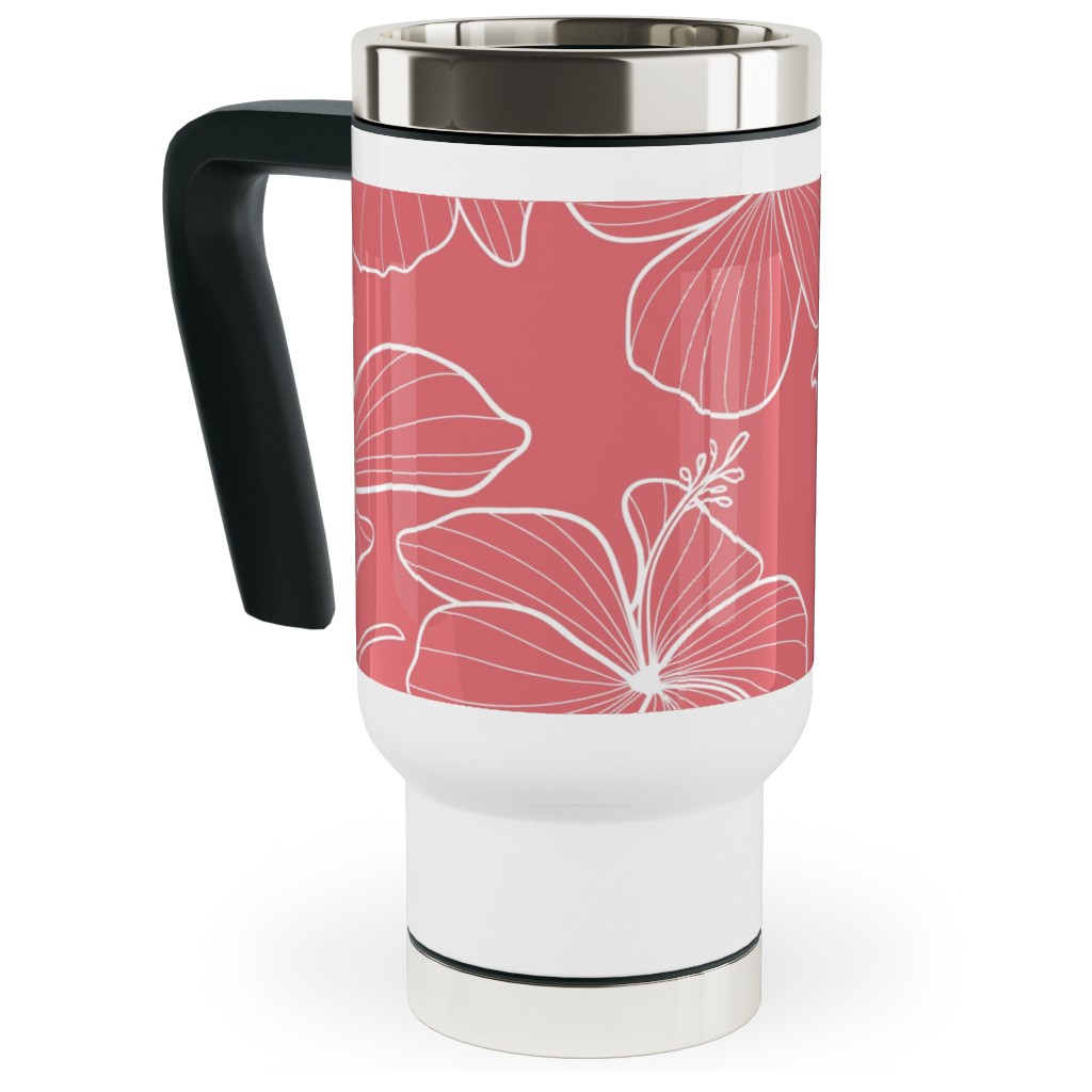Hibiscus Line Art - Pink Travel Mug with Handle, 17oz, Pink