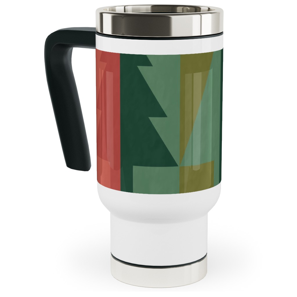 Geometric Forest - Red and Green Travel Mug with Handle, 17oz, Green