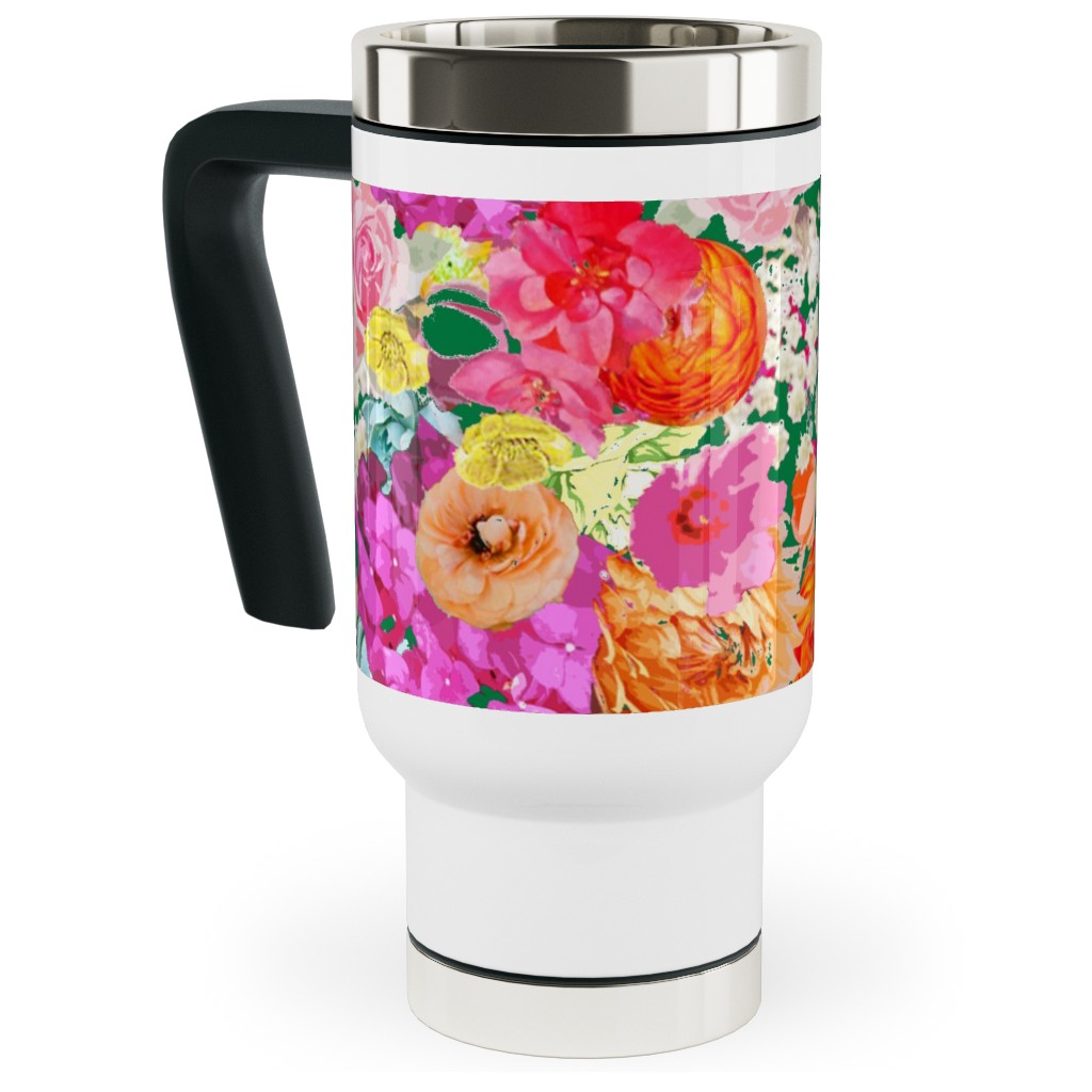 Summer Bright Floral - Kelly Green Travel Mug with Handle, 17oz, Pink