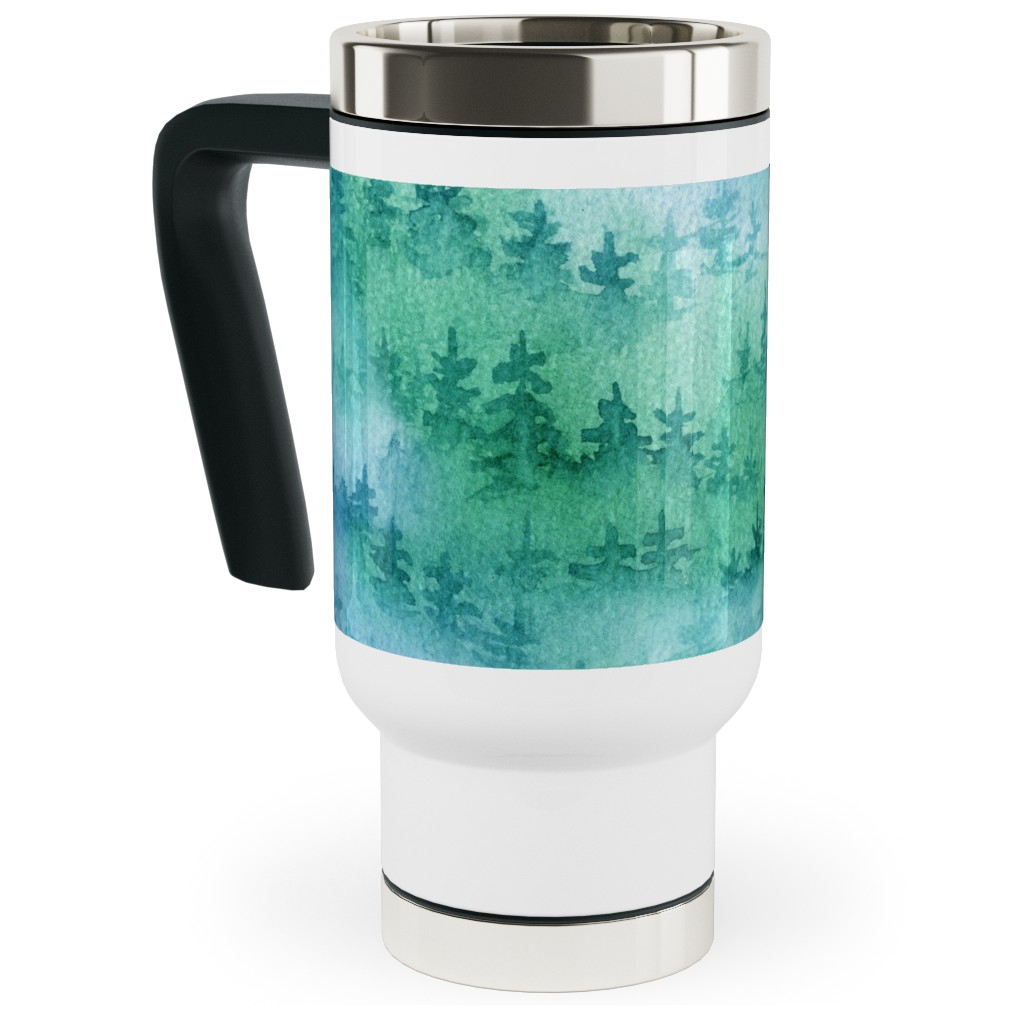 Watercolor Forest - Green and Blue Travel Mug with Handle, 17oz, Green