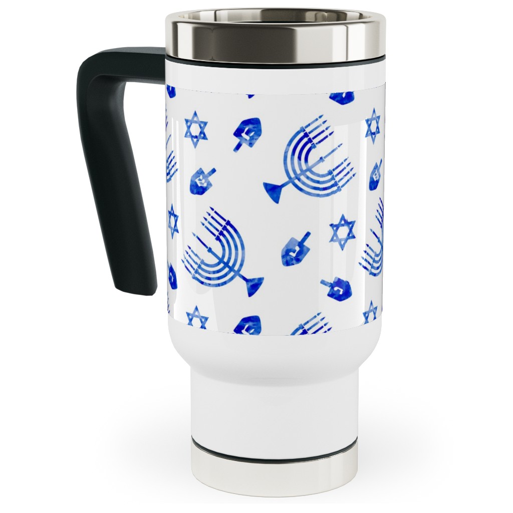 Hanukkah Watercolor Menorah, Dreidel, Star of David - Blue Travel Mug with Handle, 17oz, Blue, True Blue