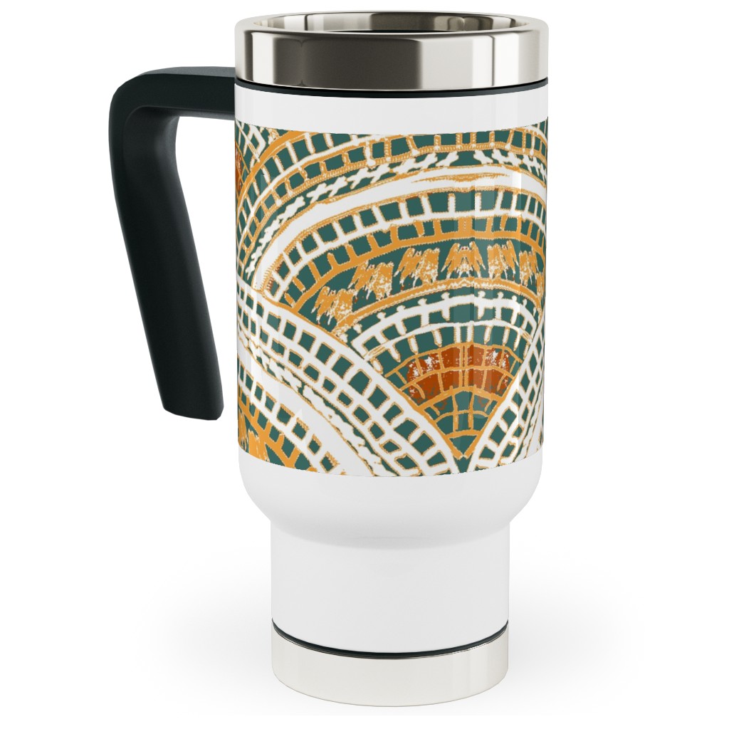 Earthy Fans - Orange Green and Gold Travel Mug with Handle, 17oz, Multicolor