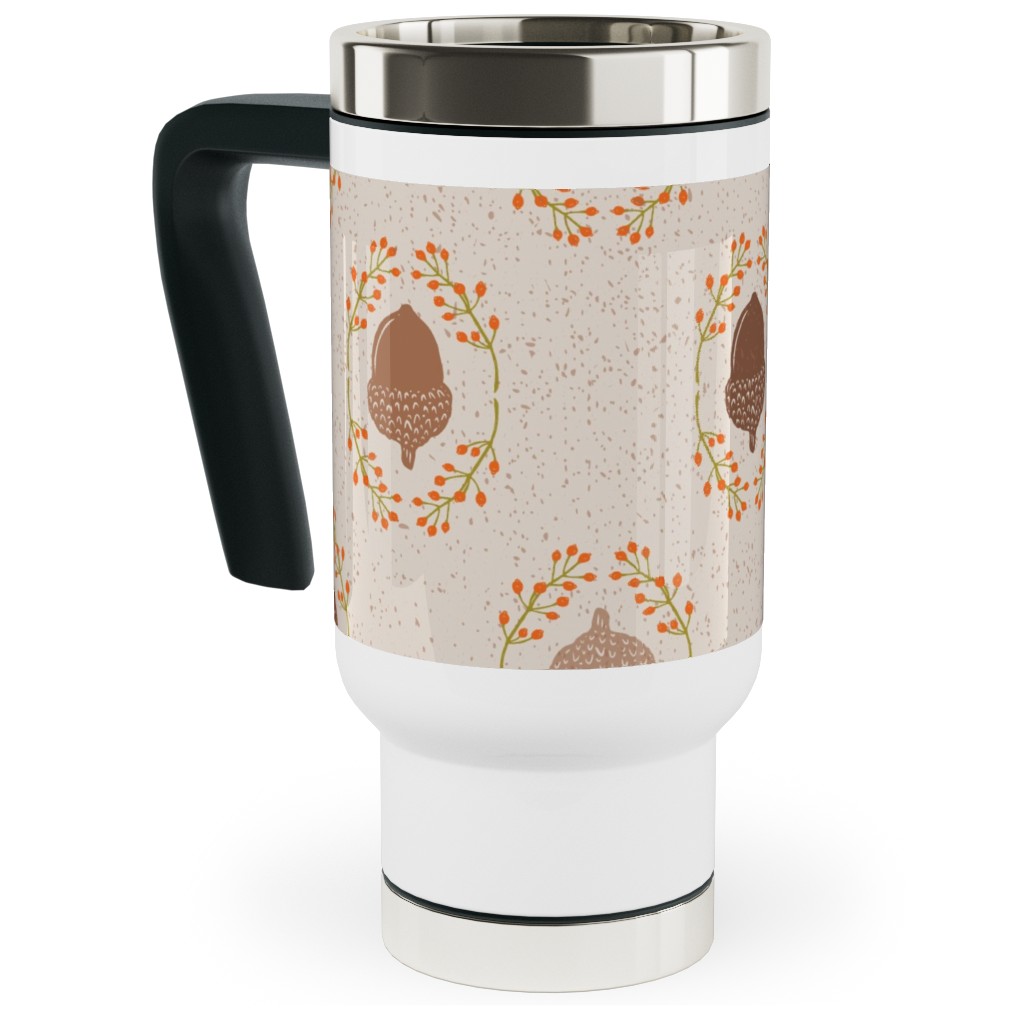 Autumn Acorn Rosehip Textured Damask Travel Mug with Handle, 17oz, Beige, Sand