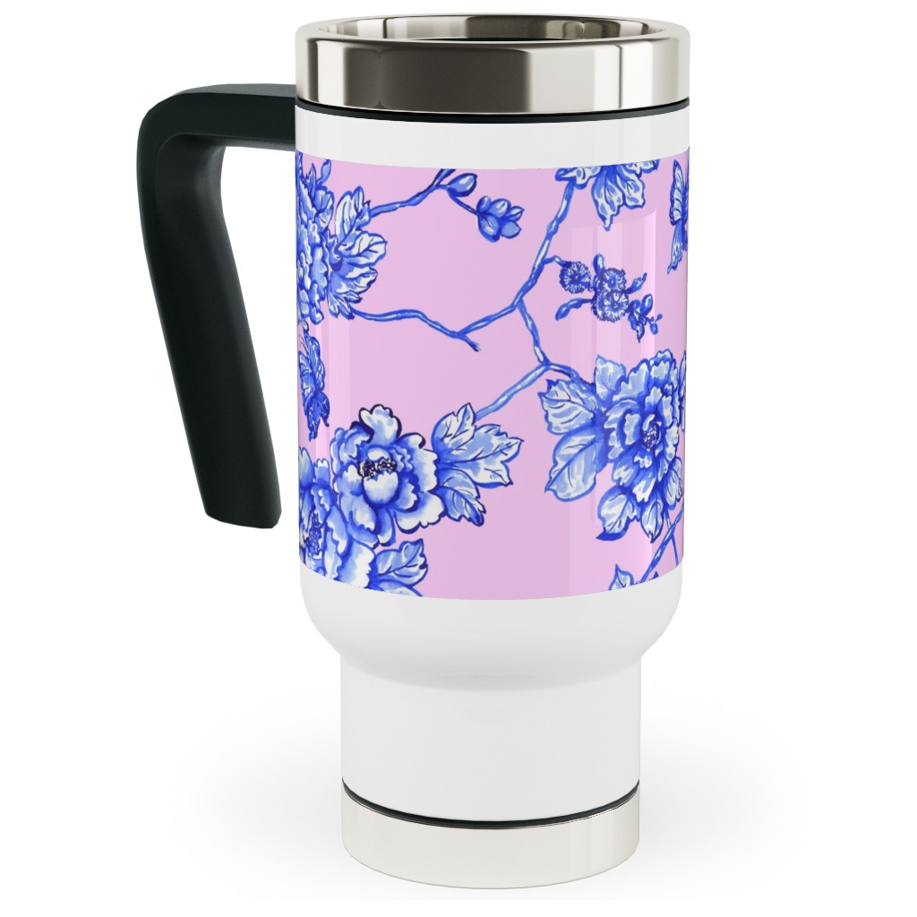 Chinoiserie Floral - Blush Travel Mug with Handle, 17oz, Pink, Bright Pink