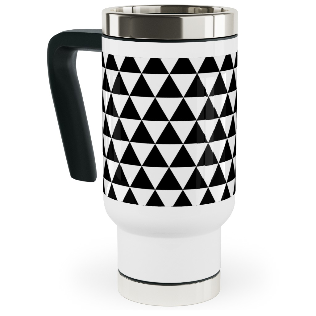 Triangles - Geometric - Black & White Travel Mug with Handle, 17oz, Black, Black