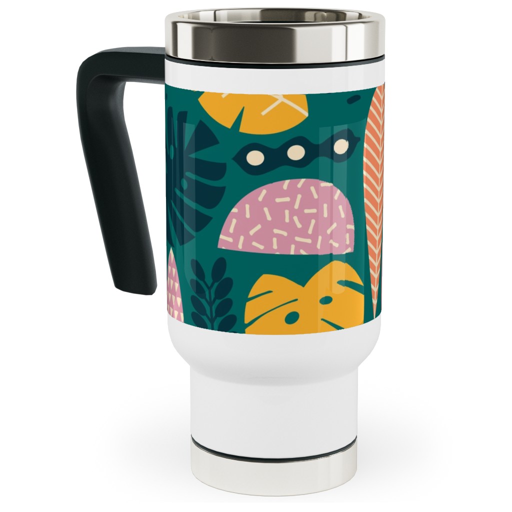 Retro Tropical Pattern Travel Mug with Handle, 17oz, Multicolor, Seaweed