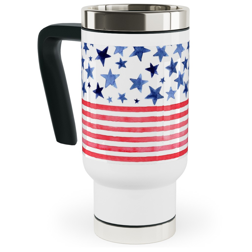Watercolor Stars and Stripes - Red White and Blue Travel Mug with Handle, 17oz, Red