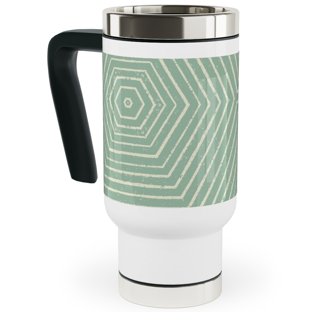 Concentric Hexagons Travel Mug with Handle, 17oz, Green, Aloe