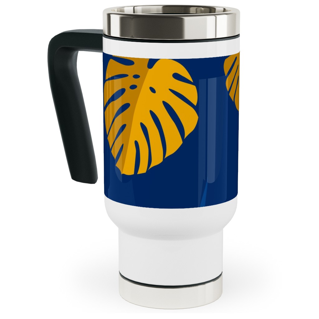 Tropical Leaves - Blue Travel Mug with Handle, 17oz, Blue