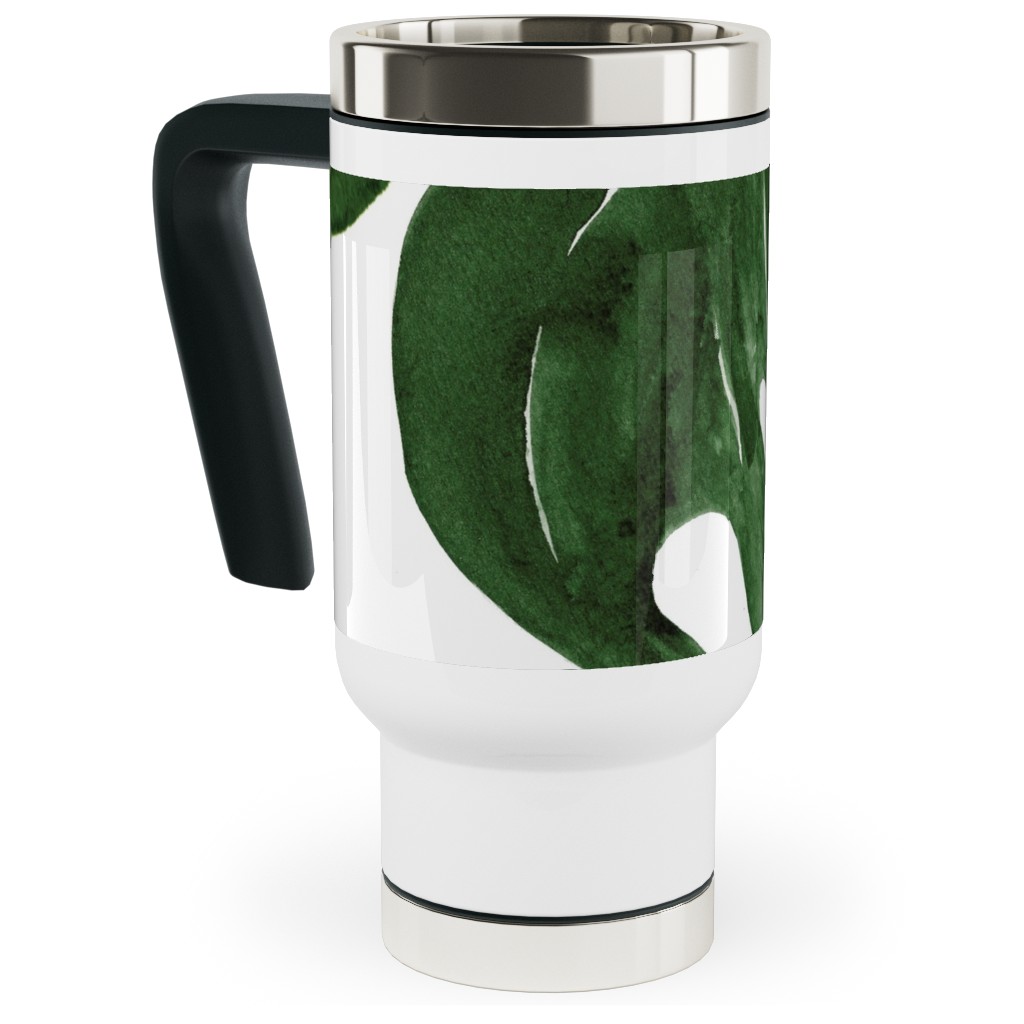 Monstera Tropical Leaves - Green Travel Mug with Handle, 17oz, Green