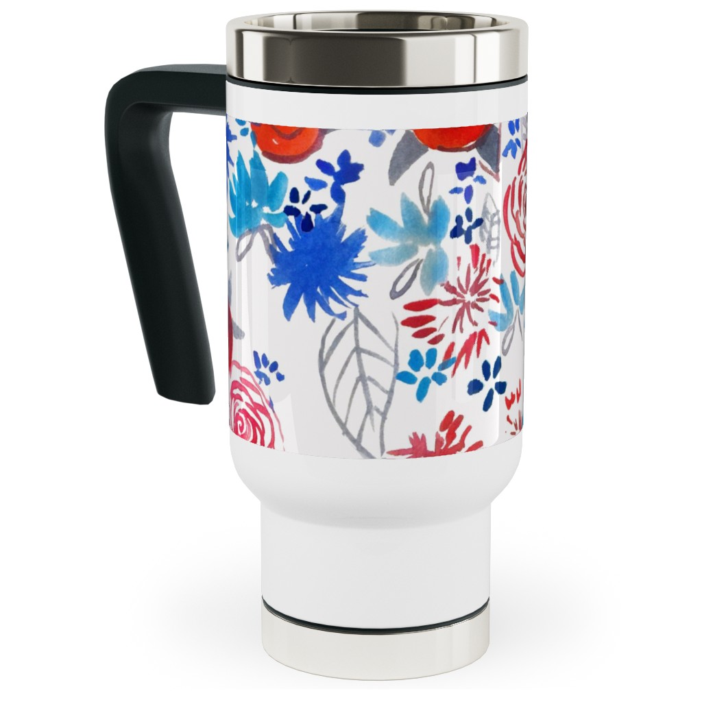 Patriotic Watercolor Floral - Red White and Blue Travel Mug with Handle, 17oz, Multicolor