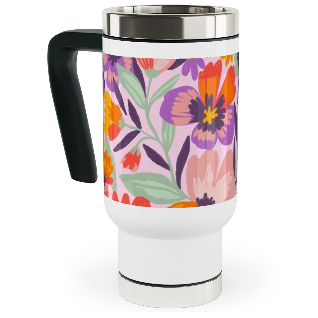 Pansies Travel Mug with Handle, 17oz, Multicolor
