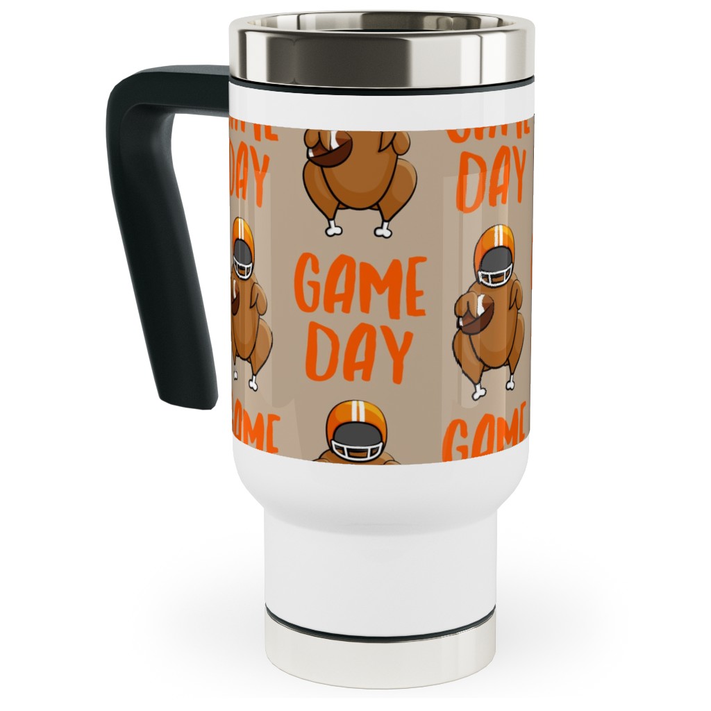 Game Day Turkey With Football - Tan Travel Mug with Handle, 17oz, Beige