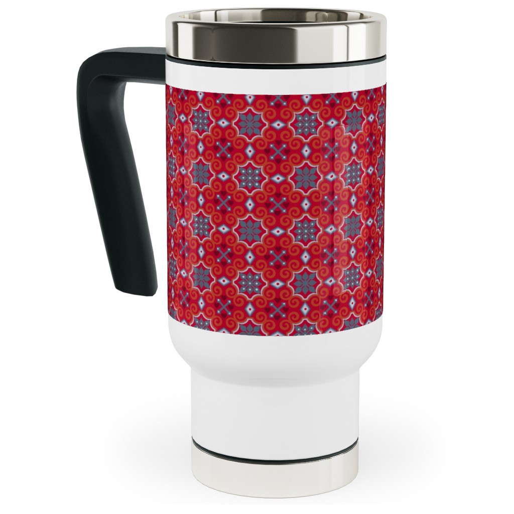 Oriental Ornament - Red Travel Mug with Handle, 17oz, Red, Red