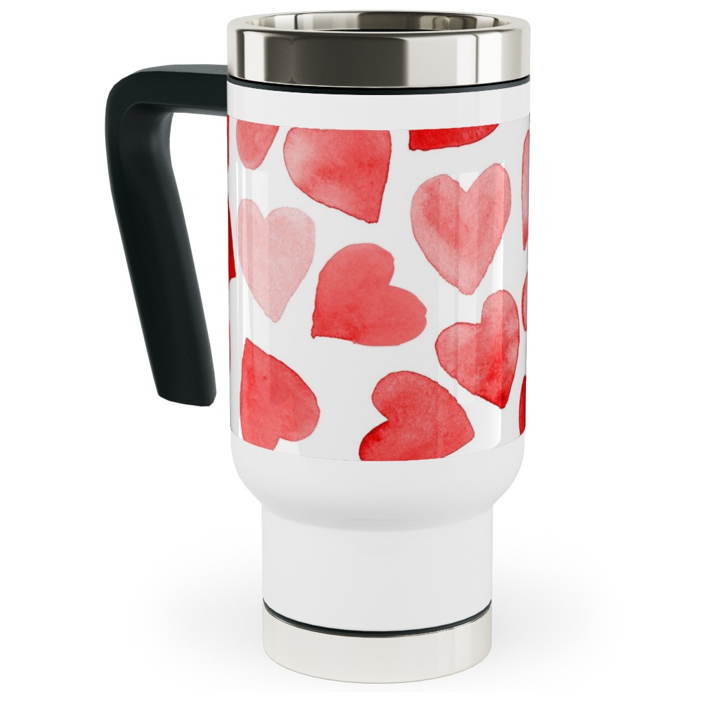 Red Hearts Watercolor - Red Travel Mug with Handle, 17oz, Red