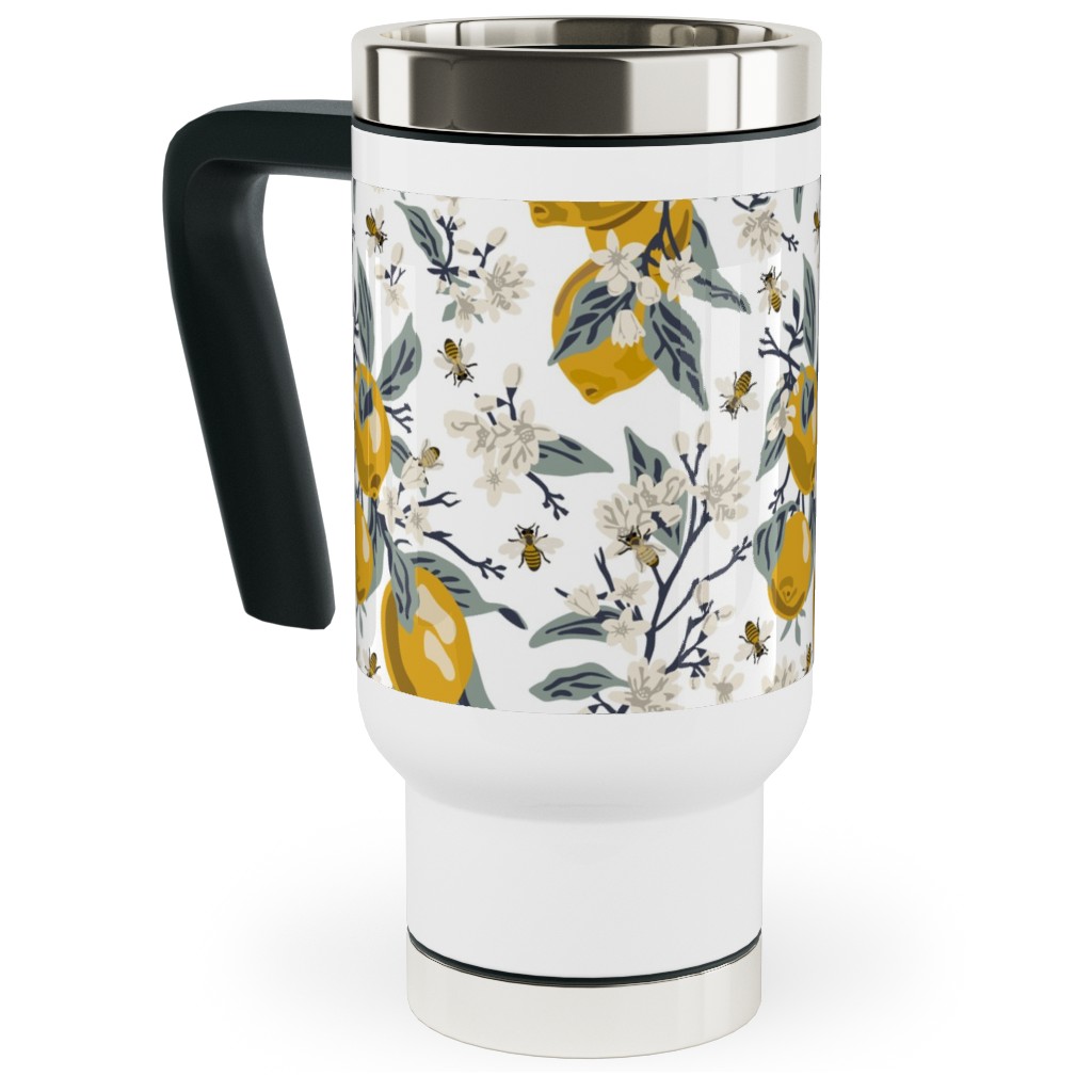 Bees & Lemons - White Travel Mug with Handle, 17oz, Yellow
