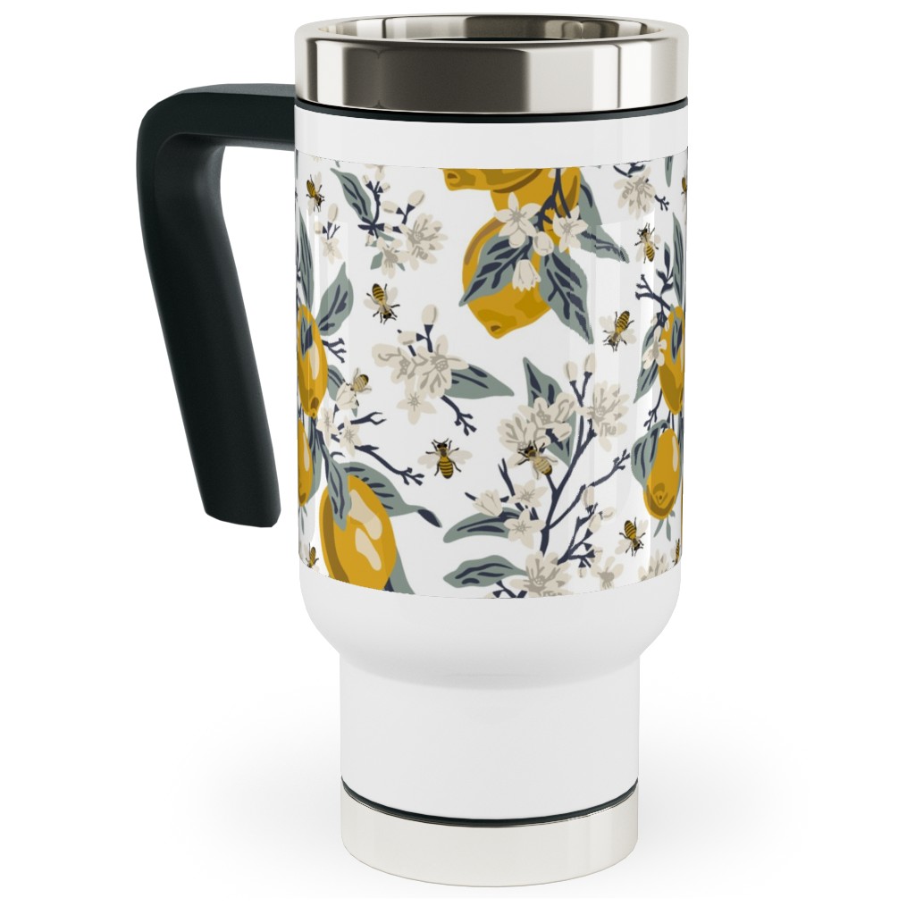 Bees & Lemons - White Travel Mug with Handle, 17oz, Yellow, Classic Yellow