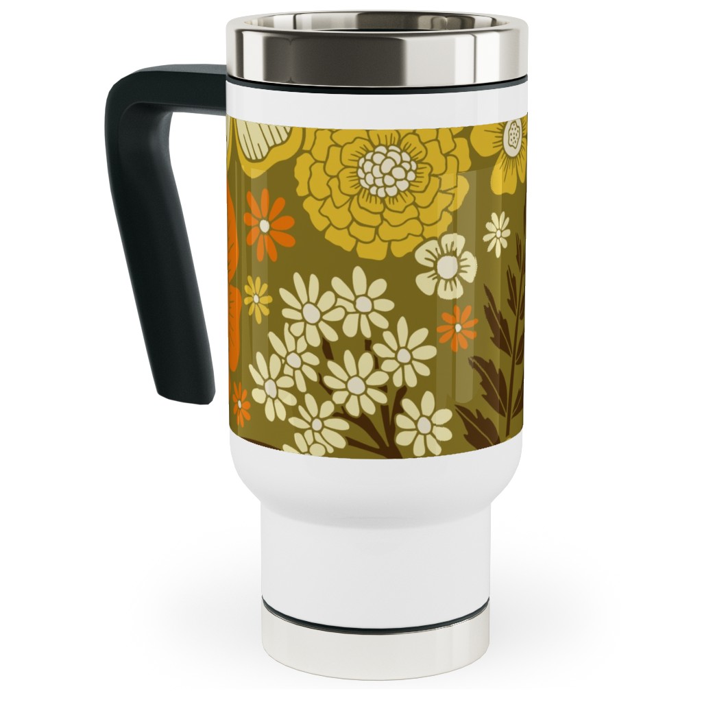 1970s Retro/Vintage Floral - Yellow and Brown Travel Mug with Handle, 17oz, Yellow