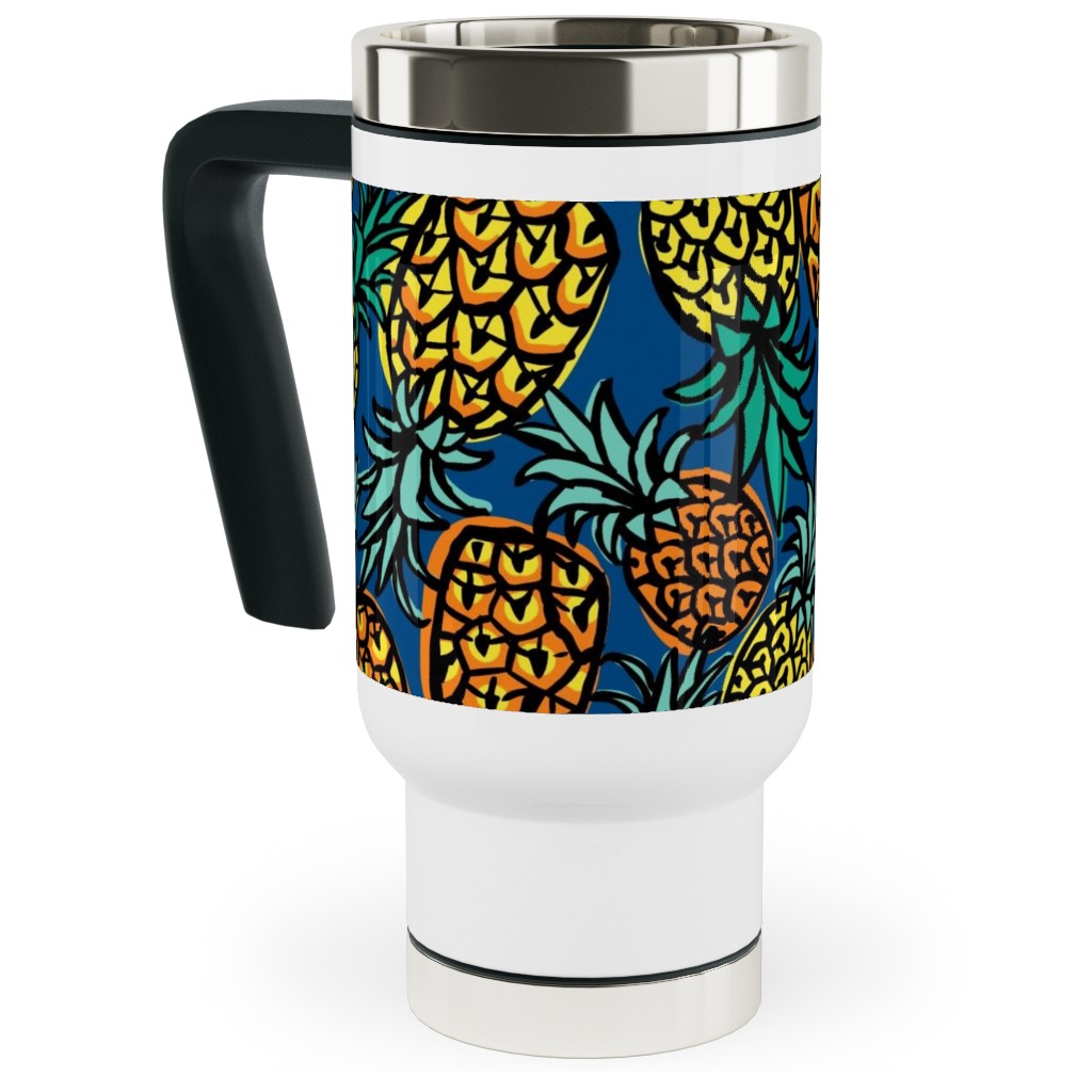 Tropical Pineapple - Blue Travel Mug with Handle, 17oz, Blue, True Blue