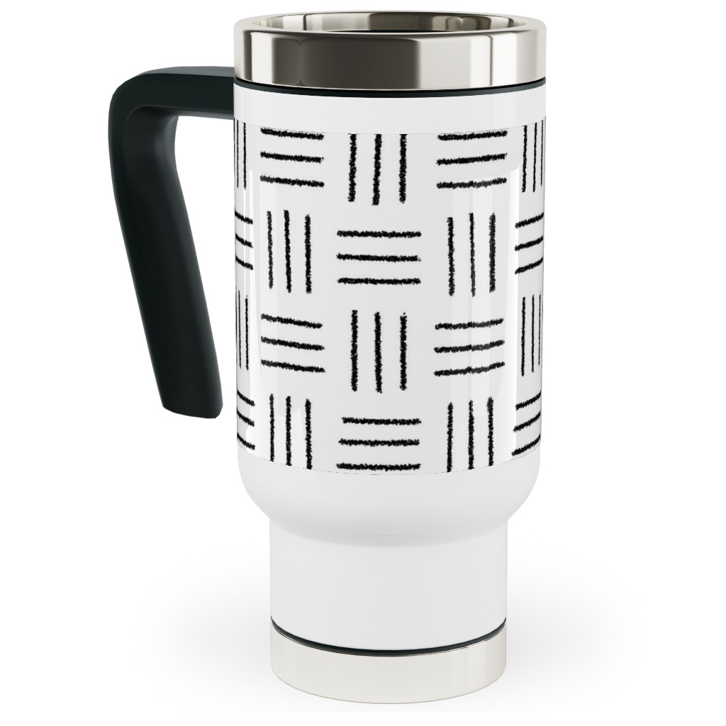 Mudcloth Basket Weave - Black on White Travel Mug with Handle, 17oz, White