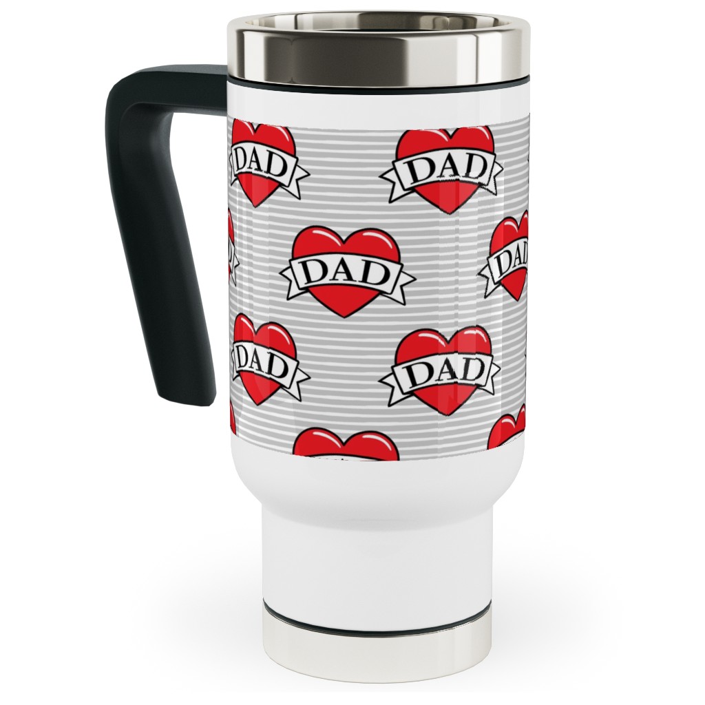 Dad Heart Tattoo - Red on Grey Stripes Travel Mug with Handle, 17oz, Red