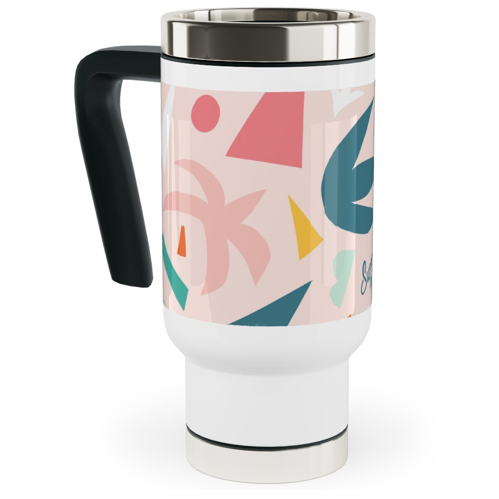 Summer Vibes Collage Travel Mug with Handle, 17oz, Pink, Bright Pink