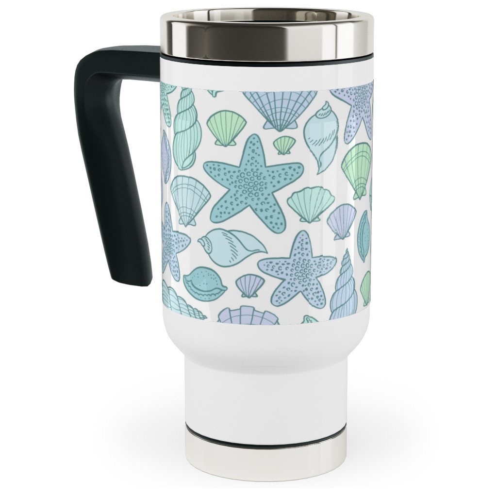 Seashells - Cool Blues Travel Mug with Handle, 17oz, Blue, True Blue