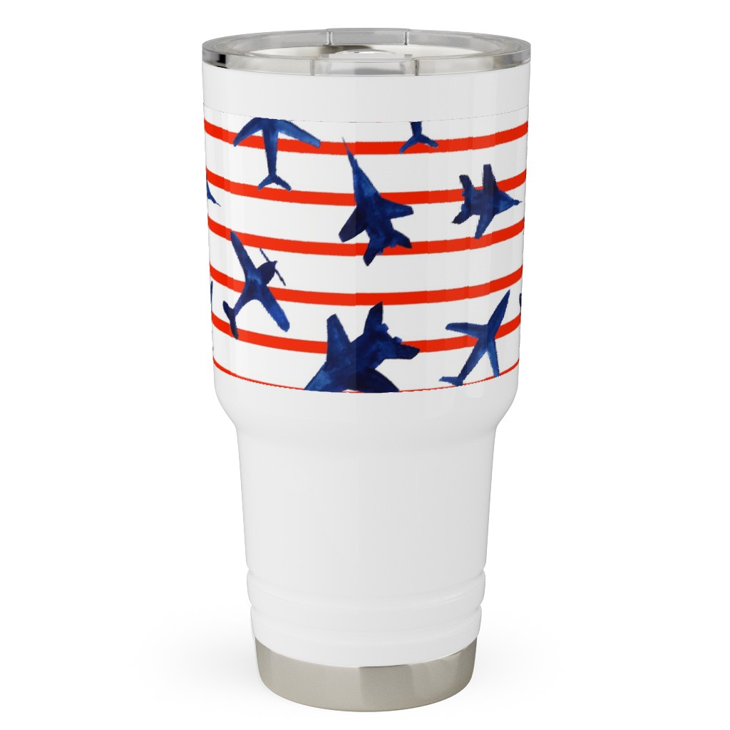 Patriotic Airplanes Watercolor - Blue With Red Stripes Travel Tumbler, 30oz, Blue, True Blue